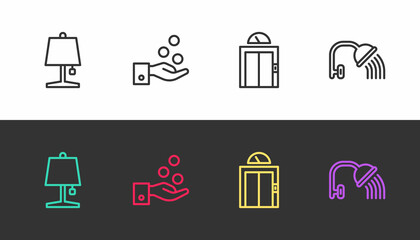 Set line Table lamp, Paying tips, Lift and Shower head on black and white. Vector