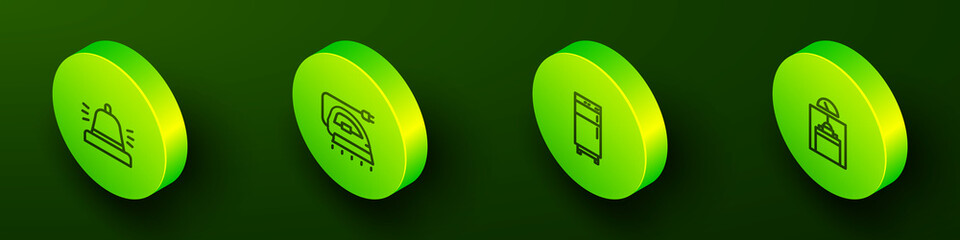 Set Isometric line Hotel service bell, Electric iron, Refrigerator and Lift icon. Vector