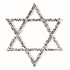 Concept or conceptual large gathering  of people forming the image of the religious hebrew star of David. A 3d illustration metaphor for Judaism and Israel, religion, spirituality, prayer or belief
