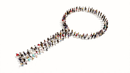 Concept or conceptual gathering of people forming an image of a magnifying glass on white background. A 3d illustration metaphor for science, research, fun, games and  exploration.