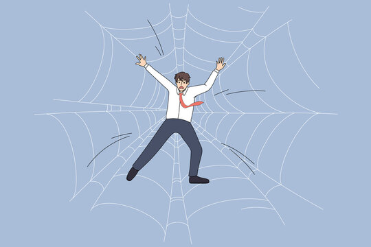 Anxious businessman trapped in spider web. Worried unhappy employee caught in debt burden. Risk business concept. Dangerous project. Flat vector illustration, cartoon character. 