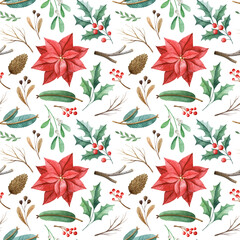 Watercolor seamless pattern with Christmas floral elements: poinsettia, fir branches, holly and cones. Hand drawn texture isolated on white background. Perfect for wrapping paper, fabrics.