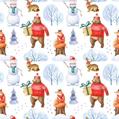 Christmas seamless pattern with cartoon forest animals, winter frosty trees and snowman. Watercolor hand drawn illustration isolated on white backdrop. Good for wrapping paper, digital paper, fabrics.