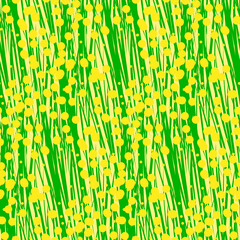 Fantasy plant, thin stems and curly mimosa flowers, seamless pattern, packaging decoration and textile design