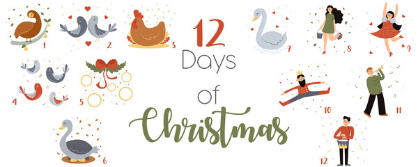 12 Days of Christmas birds bells people dancing friends have fun new year confetti gifts tree music love comfort home family