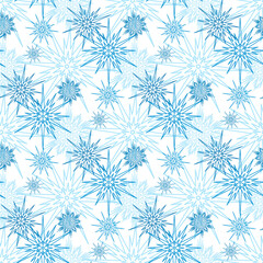 Snowy winter christmas seamless pattern, blue snowflake on white background