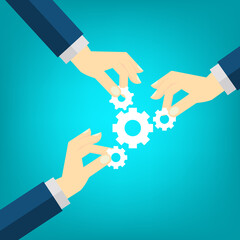 Business concept. Team metaphor. Employee team create mechanism with cogs. Symbol of teamwork, cooperation, partnership. Vector illustration