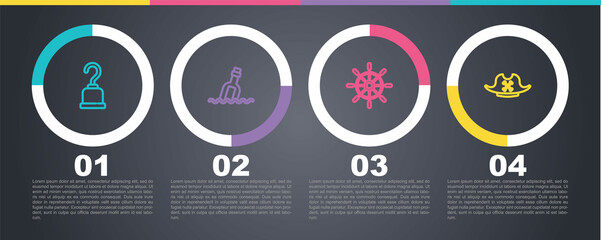 Set line Pirate hook, Bottle with message in water, Ship steering wheel and hat. Business infographic template. Vector