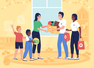 Donating to orphanage flat color vector illustration. Non profit help for community. Give kids toys. Children and volunteers 2D cartoon characters with kindergarten room interior on background - obrazy, fototapety, plakaty