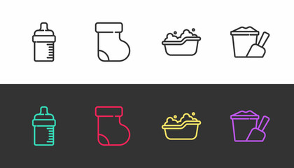 Set line Baby bottle, socks clothes, bathtub and Sand in bucket with shovel on black and white. Vector