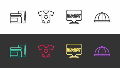 Set line Baby food, clothes, and hat on black and white. Vector