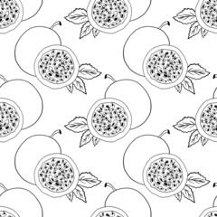 Vector hand drawn seamless pattern of passion fruits. Delicious tropical vegetarian objects. Use for restaurant, menu, smoothie bowl, market, store, party decoration, meal