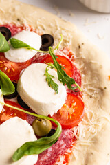 Uncooked pizza, raw ingredients on a table