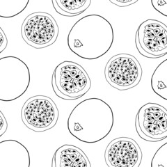 Vector hand drawn seamless pattern of passion fruits. Delicious tropical vegetarian objects. Use for restaurant, menu, smoothie bowl, market, store, party decoration, meal