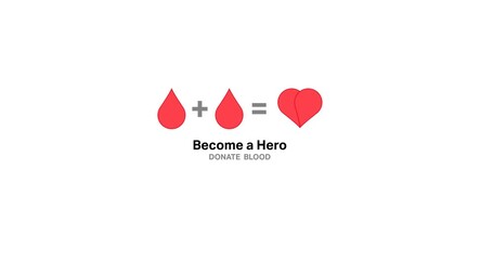 Animation of donate blood text with two drops making heart logo, over nurse giving donor blood test