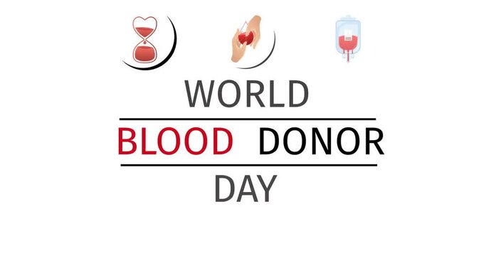 Animation of world blood donor day text, hourglass, hands and blood bag logos, on white background