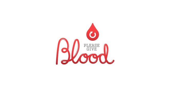 Animation of please give blood text with blood drop logo, over smiling male donor giving thumbs up