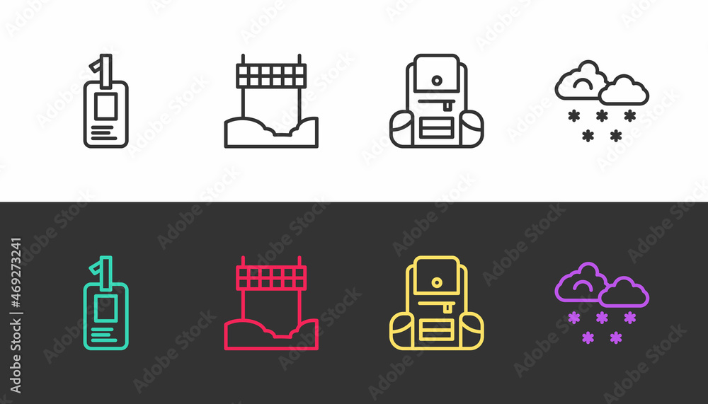 Sticker Set line Identification badge, Ribbon in finishing line, Hiking backpack and Cloud with snow on black and white. Vector