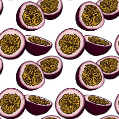 Vector hand drawn seamless pattern of passion fruits. Delicious tropical vegetarian objects. Use for restaurant, menu, smoothie bowl, market, store, party decoration, meal