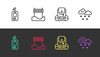 Set line Identification badge, Ribbon in finishing line, Hiking backpack and Cloud with snow on black and white. Vector
