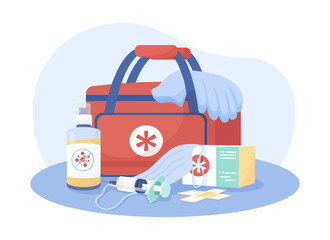 Fototapeta premium First aid kit 2D vector isolated illustration. Paramedic bag. Doctor supplies. Medical help equipment flat composition on cartoon background. Emergency situation assistance tools colourful scene