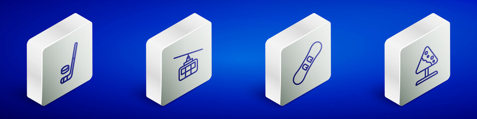 Set Isometric line Ice hockey stick and puck, Cable car, Snowboard and Road sign avalanches icon. Vector