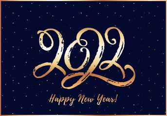 Happy New Year greeting card with lettering 2022. Horizontal banner with golden hand drawn figures. Vector illustration.