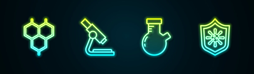 Set line Chemical formula, Microscope, Test tube and flask and Shield protecting from virus. Glowing neon icon. Vector