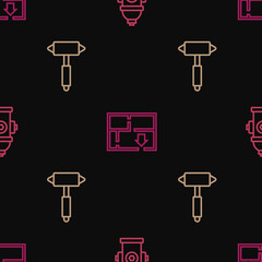 Set line Fire hydrant, Firefighter axe and Evacuation plan on seamless pattern. Vector