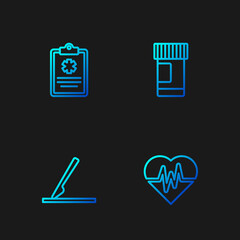 Set line Heart rate, Medical surgery scalpel, Clinical record and Medicine bottle and pills. Gradient color icons. Vector