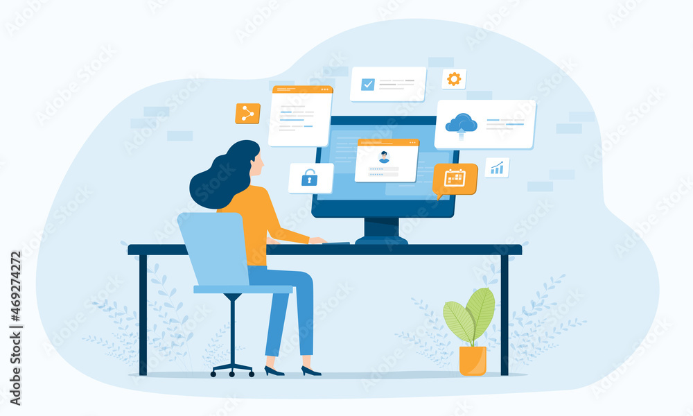 Poster  flat vector business people working online at home office on web monitor dashboard with internet network connection technology concept