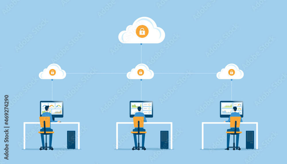 Poster business technology cloud storage and cloud server service connection concept with administrator and developer working on workstation concept