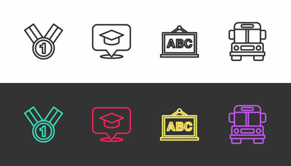 Set line Medal, Graduation cap in speech bubble, Chalkboard and School Bus on black and white. Vector