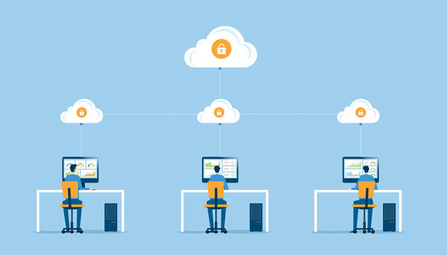 business technology cloud storage and cloud server service connection concept with administrator and developer working on workstation concept