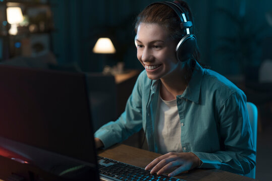 Girl playing online video games