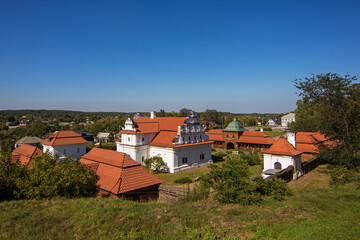 Top view on the National historical and architectural complex Residence of Bogdan Khmelnitsky, Chigirin city, Cherkasy region, Ukraine. Beautiful ukrainian landmark, hetman building. Soft focus