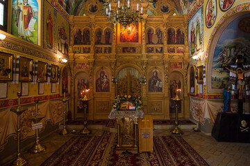 Fototapeta na wymiar Interior of the Church of St. Peter and Paul near the Residence of Bogdan Khmelnitsky, National historical complex in Chyhyryn city, Cherkasy region, Ukraine. Soft focus