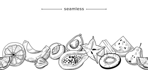 Seamless Pattern with Fresh Fruits Slices, Doodle Composition with Lime or Lemon, Strawberry, Papaya, Plum and Carambola