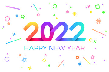 2022 Happy New Year. Paper memphis geometric style for holidays flyers and Happy New Year cards.