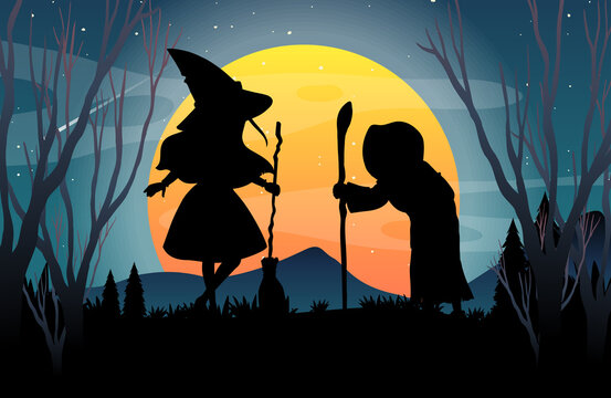 Halloween night background with witches silhouette