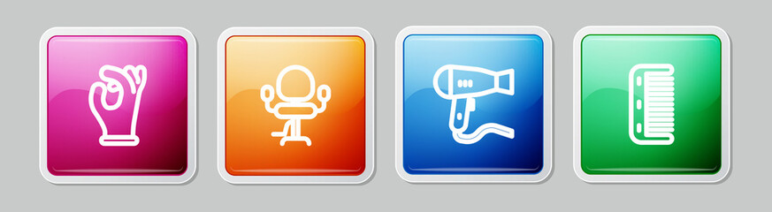Set line Medical rubber gloves, Barbershop chair, Hair dryer and Hairbrush. Colorful square button. Vector