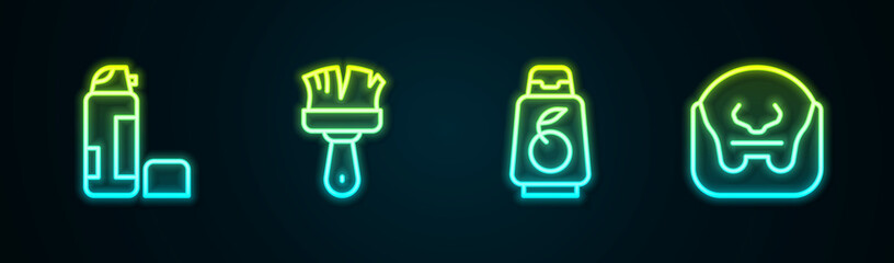 Set line Shaving gel foam, brush, Bottle of shampoo and Mustache and beard. Glowing neon icon. Vector