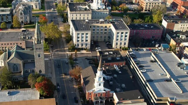 Downtown Concord, New Hampshire USA. Drone Aerial View, State House, Government Buildings, Streets anc Churches on Sunny Autumn Day, Drone Shot