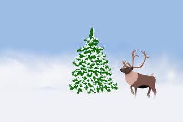 Digital drawing of a Christmas tree covered with fluffy snow and deer against a blue sky