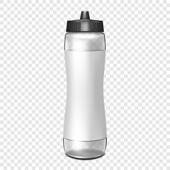 Clear water bottle with blank white label on transparent background. Vector mockup. Empty fitness sport flask mock-up