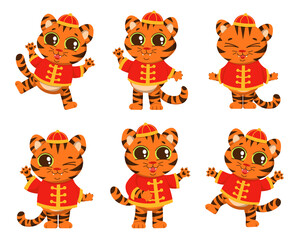 Tigers in the national Chinese costume. Set