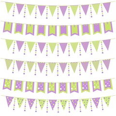 Lilac and green party pennants and garlands with flags set isolated on white background for birthday, carnaval, holiday, fair. Vector.