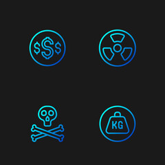 Set line Weight, Bones and skull warning, Dollar symbol and Radioactive. Gradient color icons. Vector