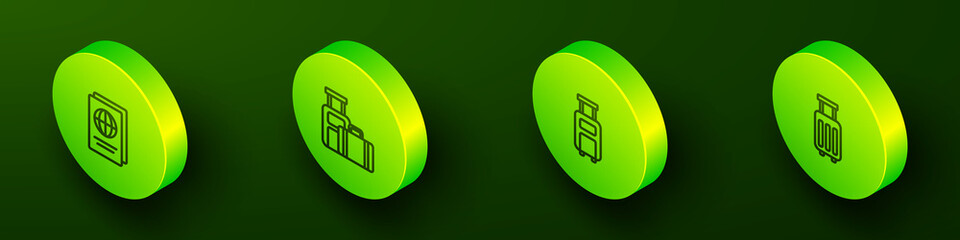 Set Isometric line Passport, Suitcase, and icon. Vector
