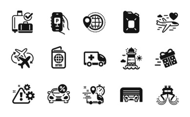 Vector set of Parking garage, Honeymoon travel and World travel icons simple set. Ship, Lighthouse and Warning icons. Canister oil, Parking app and Passport signs. Vector